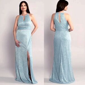 Oleg Cassini Blue Metallic Maxi Dress Gown 12 Wedding Ethereal Romantic Grecian
